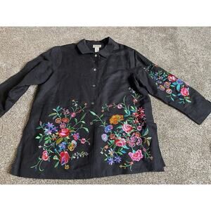 Vintage Linea by Louis Dell Olio Embroidered Floral Colorful Black Top Large